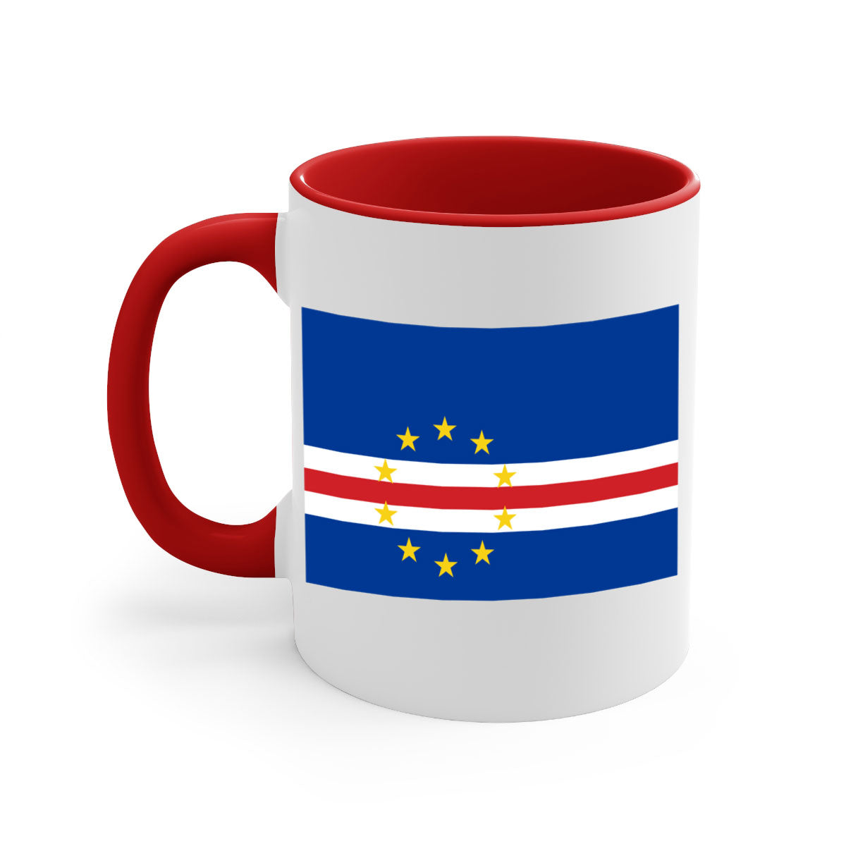 Cabo Verde 169# Mug featuring a glossy finish with a colorful handle and interior, available in multiple sizes.